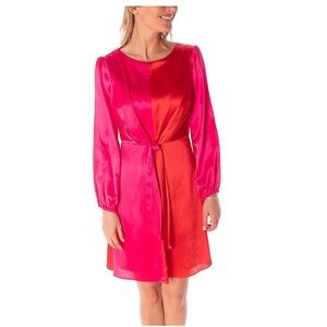 Maison Tara Two-Tone Pink and Red Color block Satin Tie-Waist Long Sleeve Dress